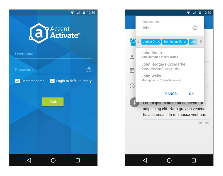 The login screen and search feature in the Accent Activate mobile app